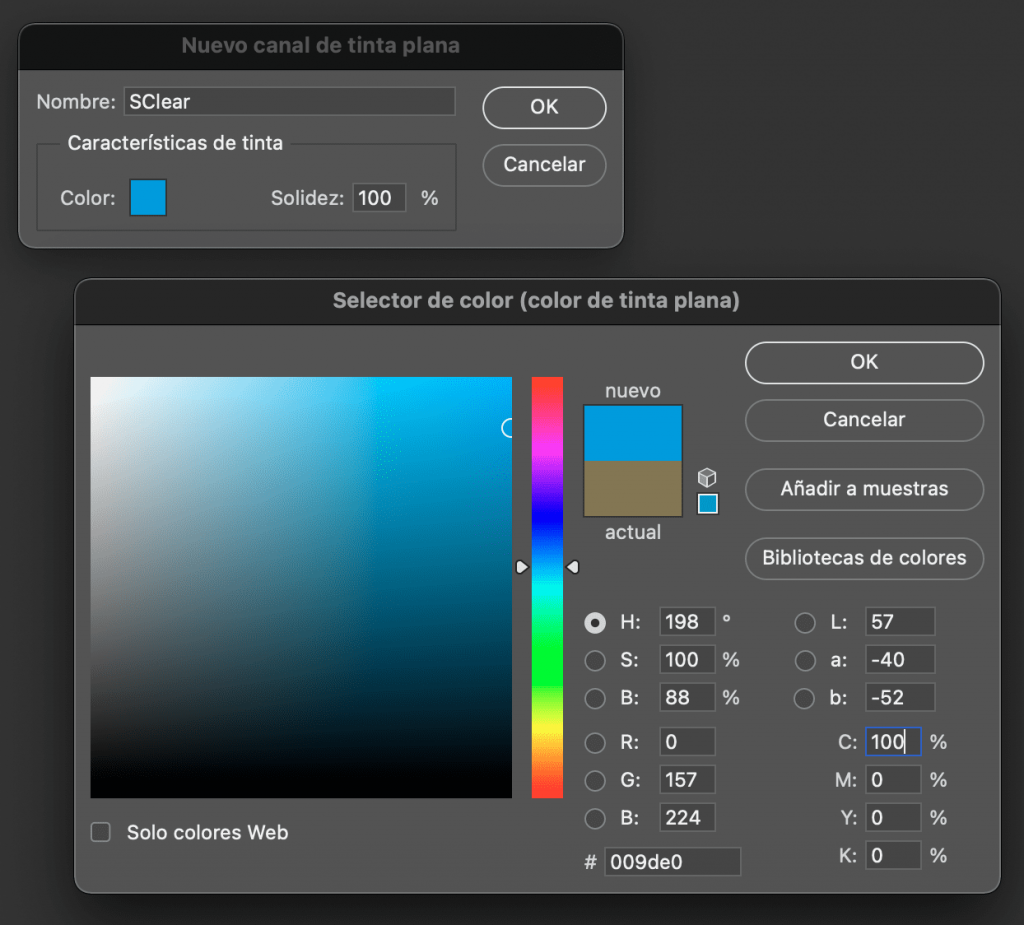 Seleccion de color Tinta Plana Multicanal en Photoshop Simulacion CMYK